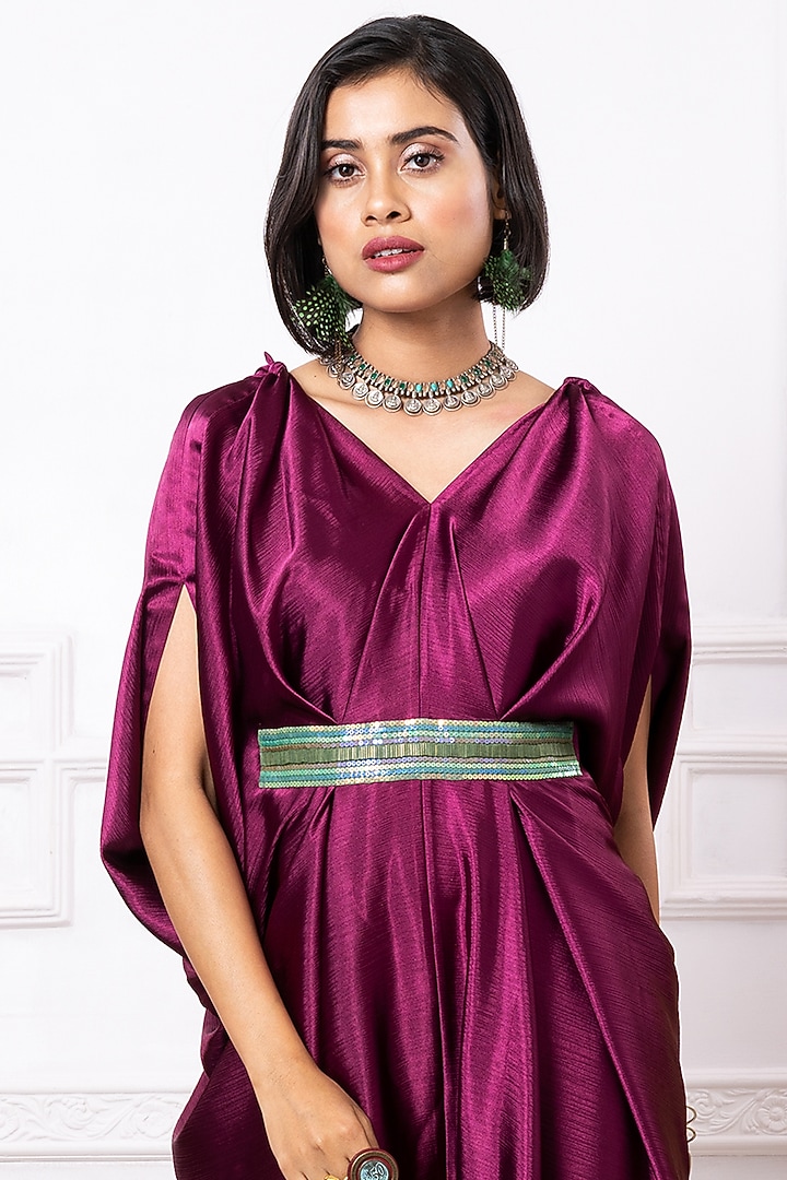 Wine Gucci Satin Kaftan Jumpsuit by Megha Garg at Pernia's Pop Up Shop