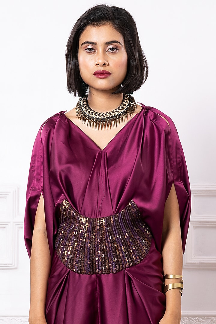 Wine Satin Draped Kaftan Jumpsuit by Megha Garg at Pernia's Pop Up Shop