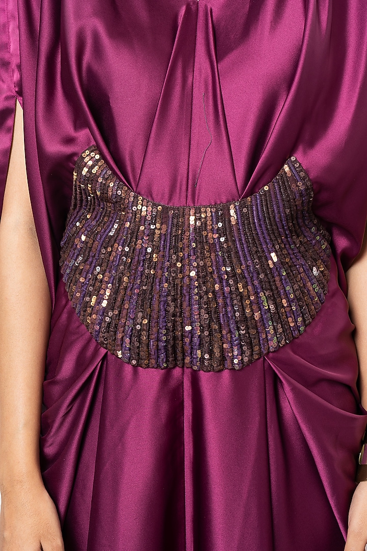 Wine Satin Draped Kaftan Jumpsuit by Megha Garg at Pernia's Pop Up Shop