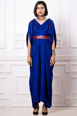 Blue Satin Draped Kaftan Jumpsuit by Megha Garg