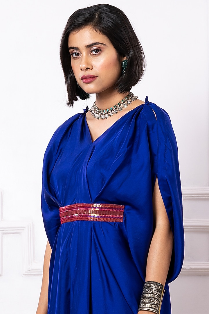 Blue Satin Draped Kaftan Jumpsuit by Megha Garg at Pernia's Pop Up Shop