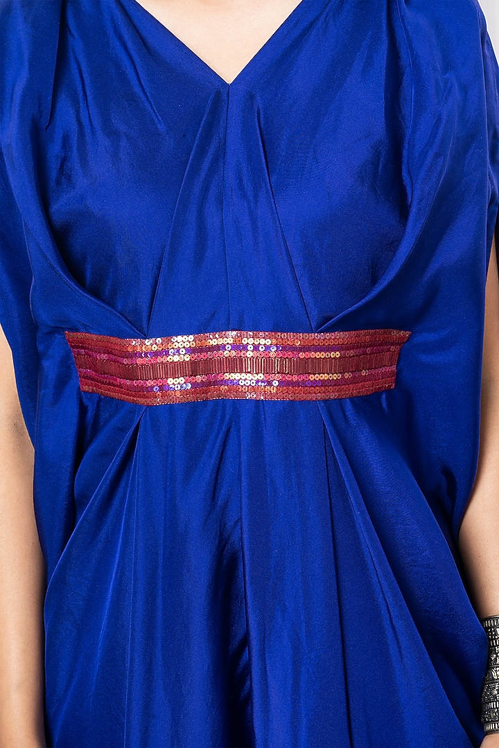 Blue Satin Draped Kaftan Jumpsuit by Megha Garg at Pernia's Pop Up Shop
