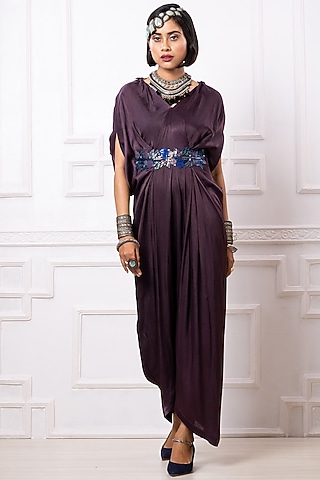 Purple Satin Georgette Draped Kaftan Jumpsuit by Megha Garg