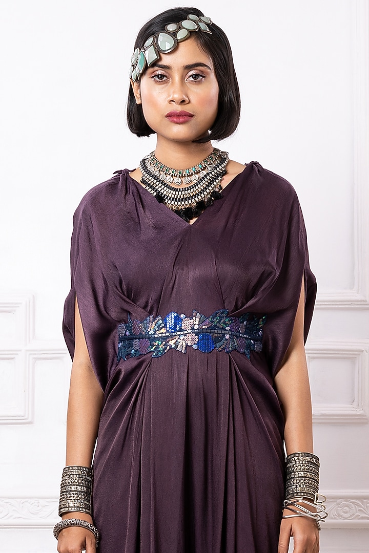 Purple Satin Georgette Draped Kaftan Jumpsuit by Megha Garg at Pernia's Pop Up Shop
