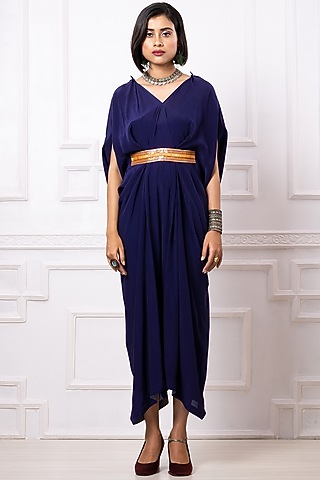 Blue Art Crepe Draped Kaftan Jumpsuit by Megha Garg