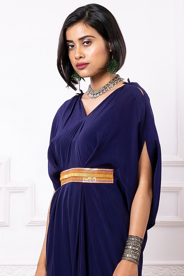 Blue Art Crepe Draped Kaftan Jumpsuit by Megha Garg at Pernia's Pop Up Shop