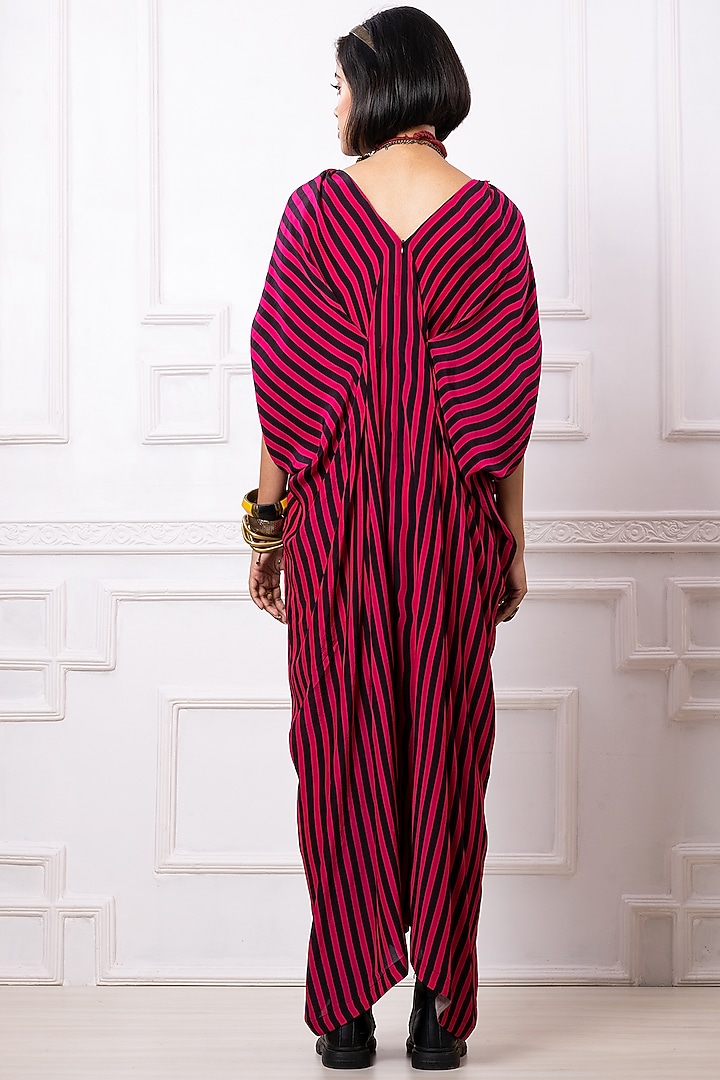 Pink & Black Art Crepe Striped Kaftan Jumpsuit by Megha Garg at Pernia's Pop Up Shop