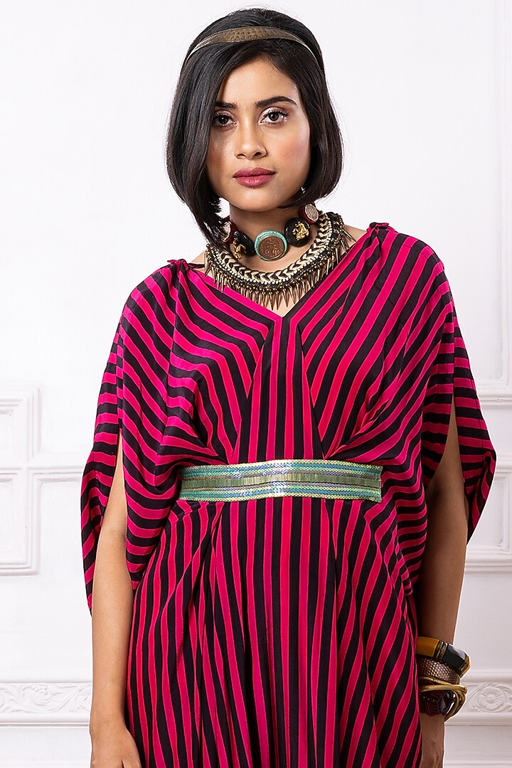 Pink & Black Art Crepe Striped Kaftan Jumpsuit by Megha Garg at Pernia's Pop Up Shop