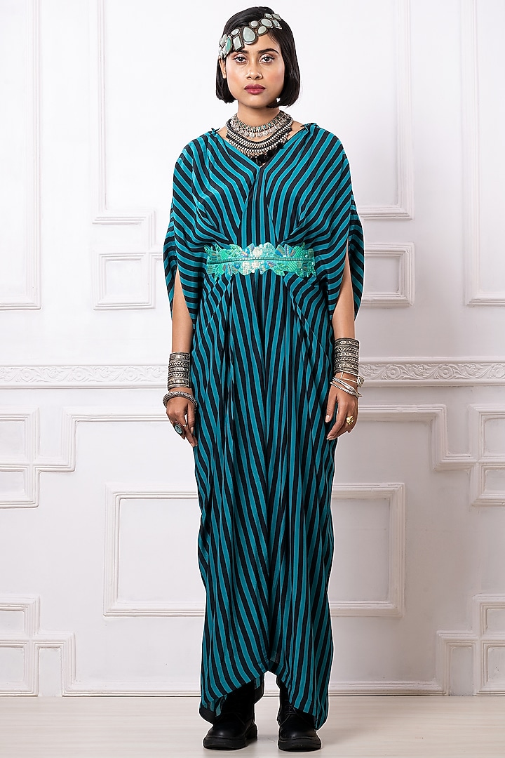 Teal & Black Art Crepe Striped Kaftan Jumpsuit by Megha Garg