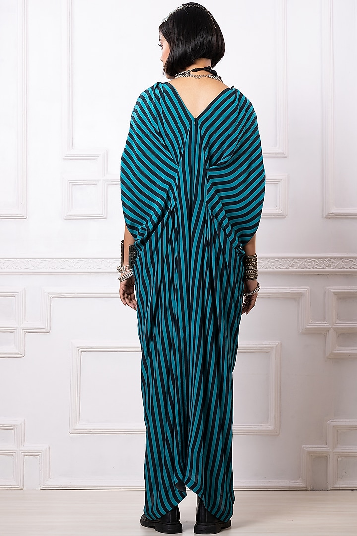 Teal & Black Art Crepe Striped Kaftan Jumpsuit by Megha Garg at Pernia's Pop Up Shop
