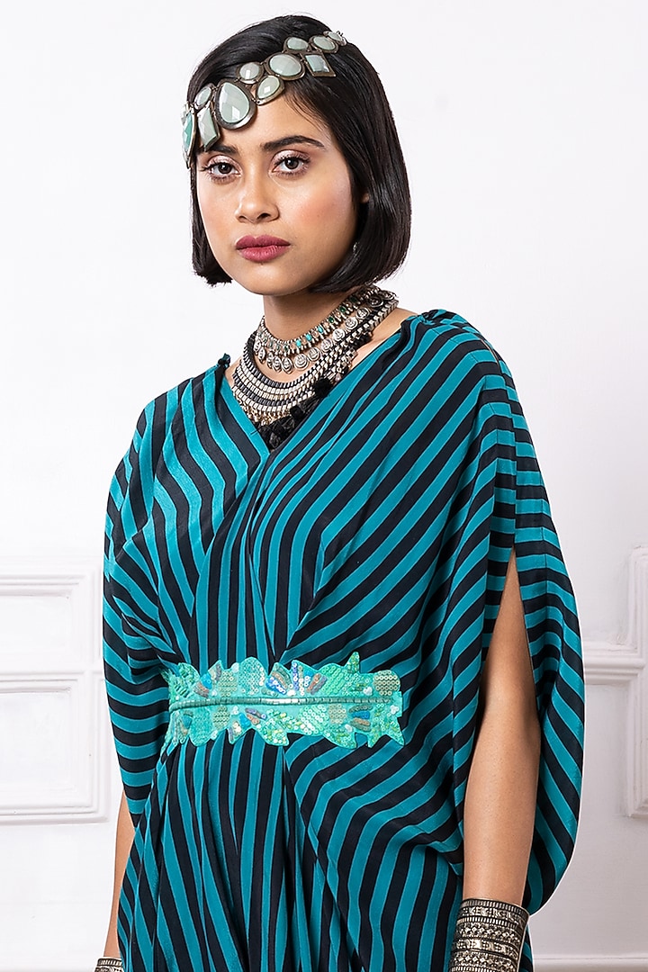Teal & Black Art Crepe Striped Kaftan Jumpsuit by Megha Garg at Pernia's Pop Up Shop