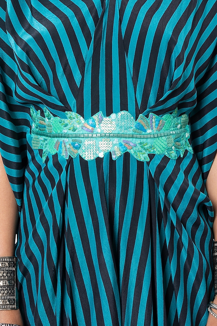Teal & Black Art Crepe Striped Kaftan Jumpsuit by Megha Garg at Pernia's Pop Up Shop