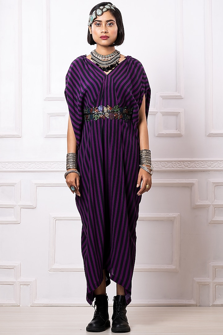 Purple & Black Art Crepe Striped Kaftan Jumpsuit by Megha Garg at Pernia's Pop Up Shop