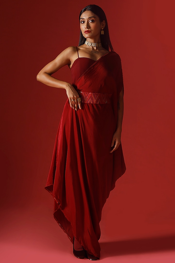 Maroon Pure Crepe One-Shoulder Asymmetrical Draped Dress by Megha Garg
