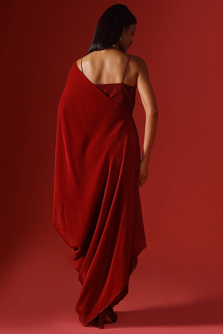 Maroon Pure Crepe One-Shoulder Asymmetrical Draped Vacation Dress by Megha Garg at Pernia's Pop Up Shop