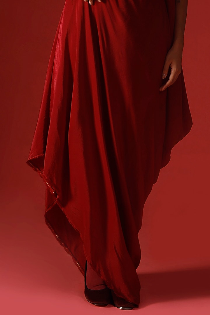 Maroon Pure Crepe One-Shoulder Asymmetrical Draped Vacation Dress by Megha Garg at Pernia's Pop Up Shop
