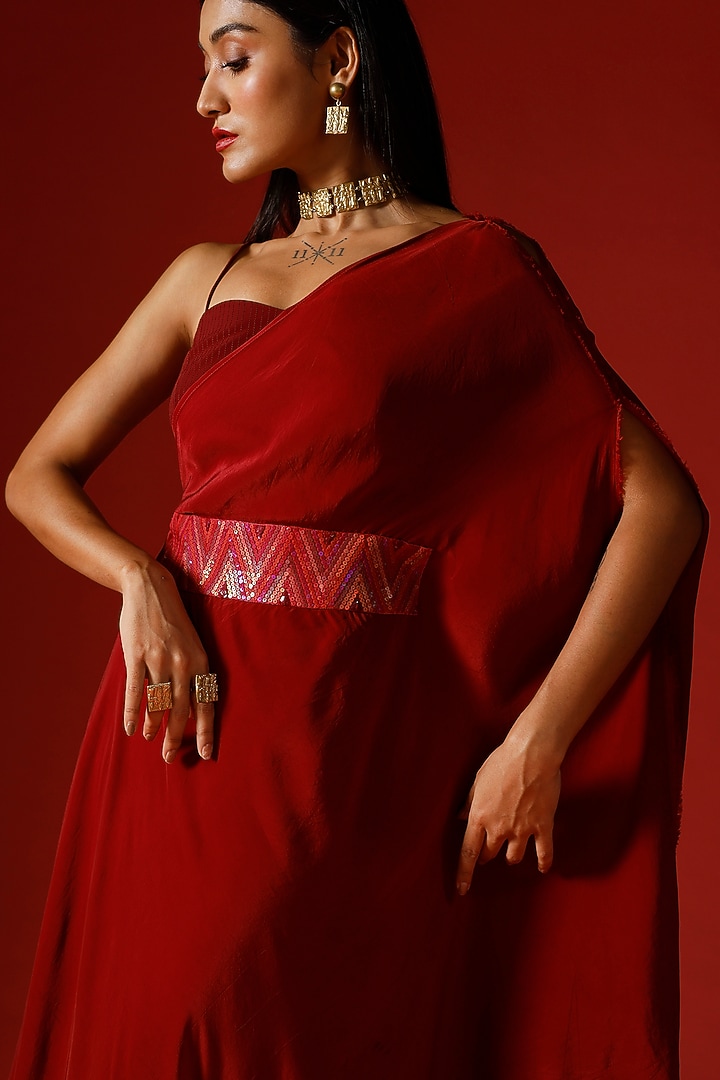 Maroon Pure Crepe One-Shoulder Asymmetrical Draped Vacation Dress by Megha Garg at Pernia's Pop Up Shop