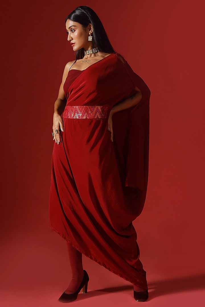 Maroon Pure Crepe One-Shoulder Asymmetrical Draped Vacation Dress by Megha Garg at Pernia's Pop Up Shop