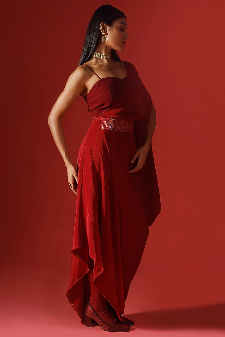 Maroon Pure Crepe One-Shoulder Asymmetrical Draped Vacation Dress by Megha Garg at Pernia's Pop Up Shop