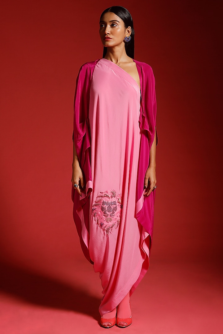 Pink Pure Crepe Sequins Patchwork Draped Dress With Cape by Megha Garg