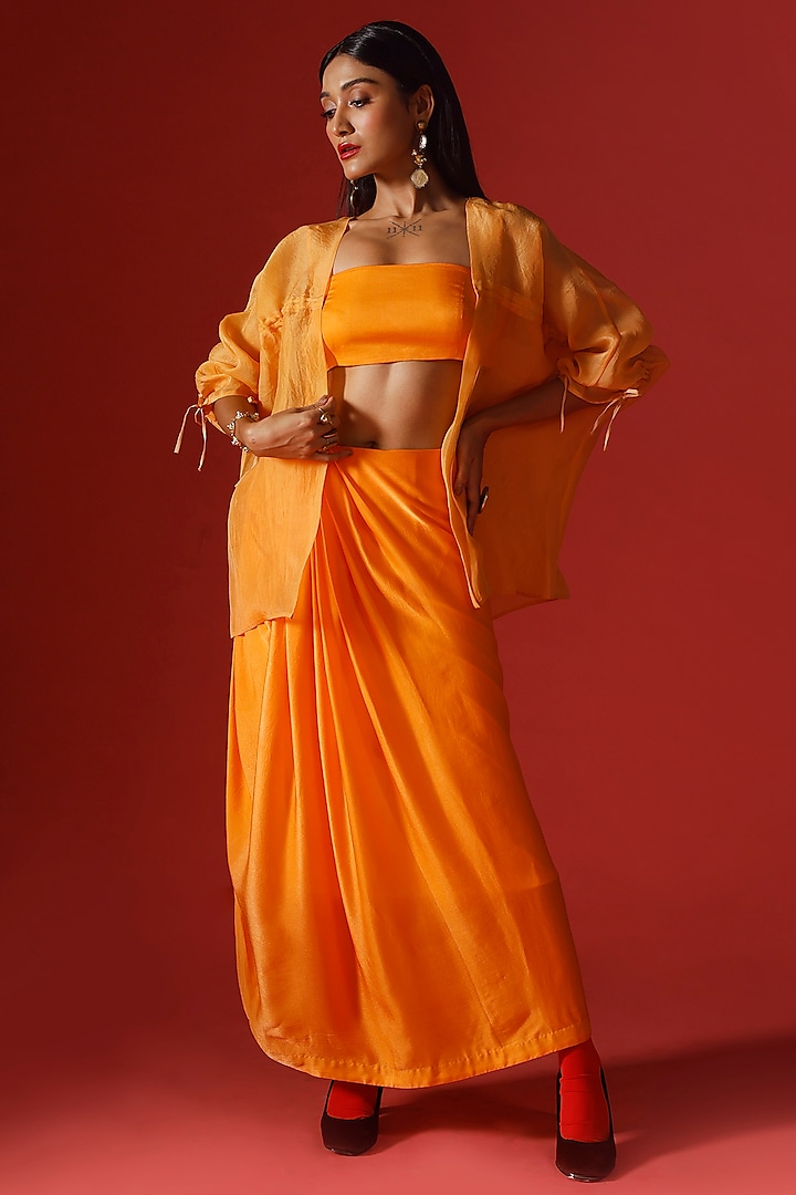 Orange Organza & Satin Georgette Sequins Patchwork Jacket Set by Megha Garg