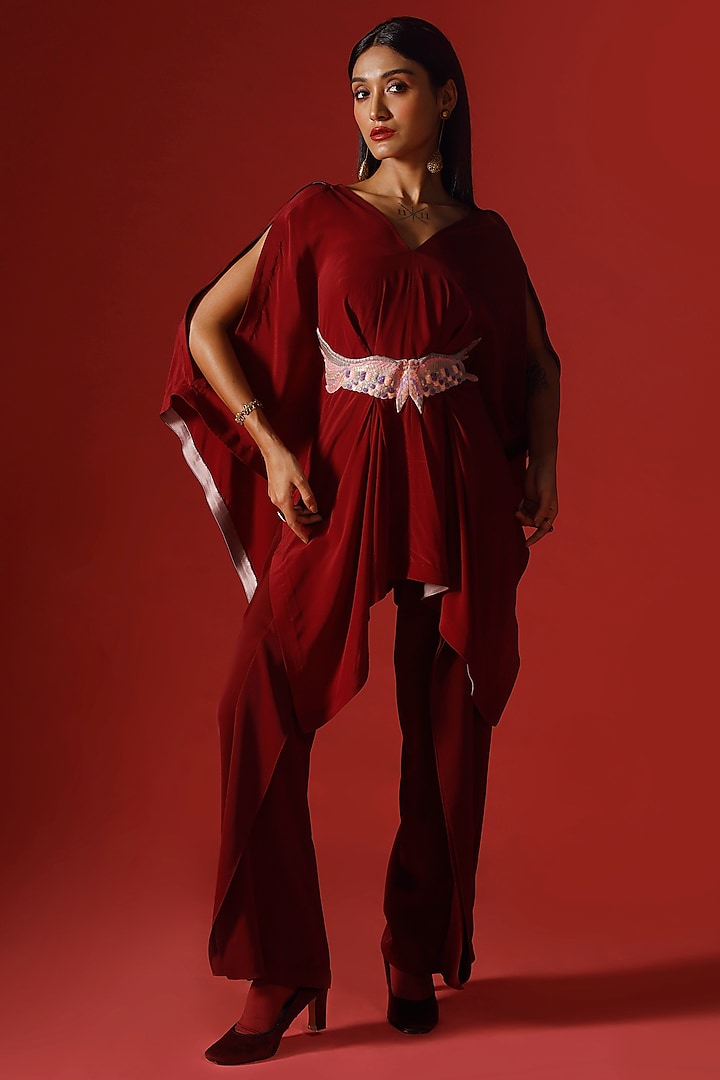 Maroon Art Georgette & Organza Sequins Patchwork Kaftan Set by Megha Garg