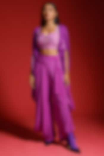 Purple Pure Crepe & Art Crepe Sequins Patchwork Cape Set by Megha Garg