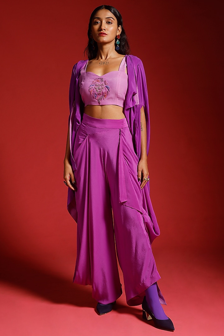 Purple Pure Crepe & Art Crepe Sequins Patchwork Cape Set by Megha Garg