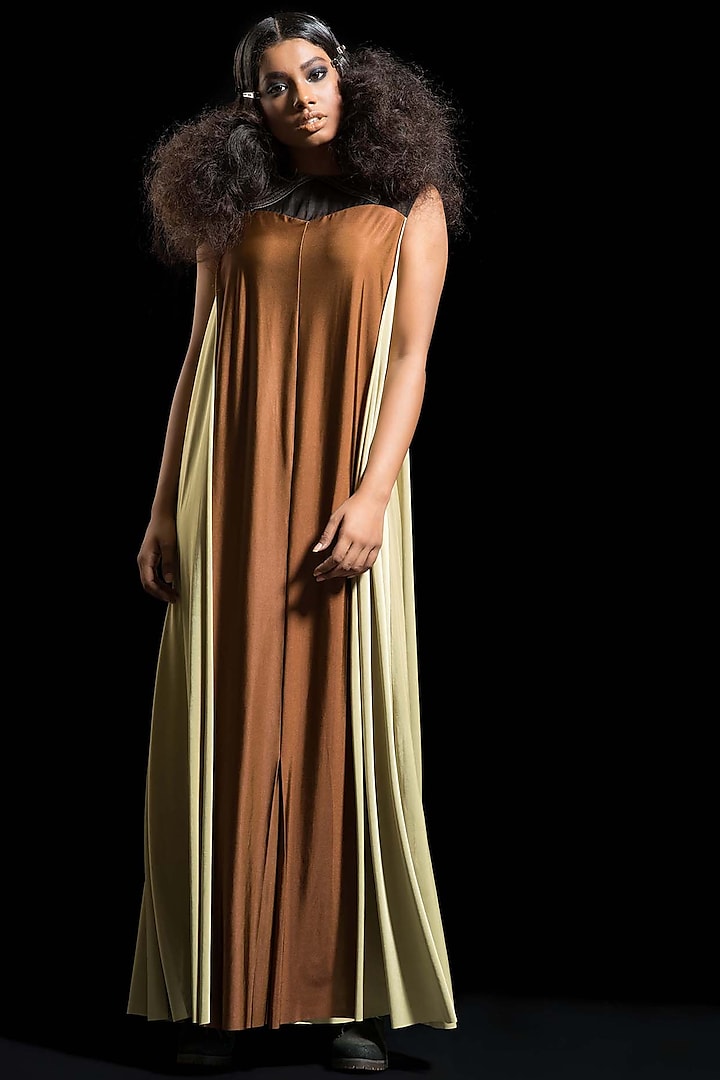 Brown Embroidered & Draped Dress by Megha Garg at Pernia's Pop Up Shop