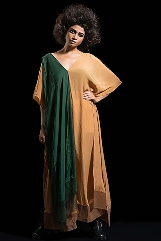 Coffee Brown & Green Kaftan Dress by Megha Garg