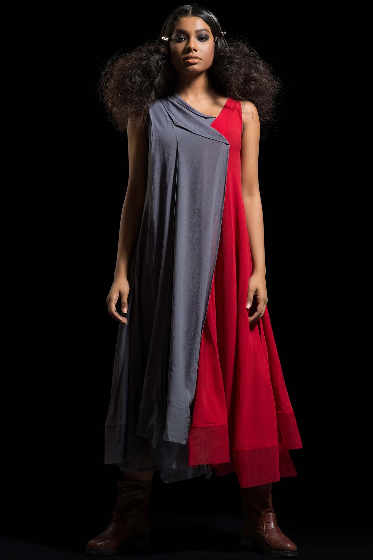 Grey & Red Color Blocked Dress by Megha Garg