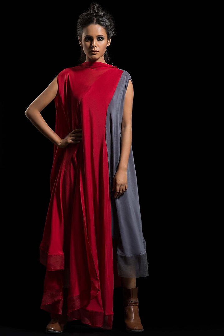 Red & Grey Draped Dress by Megha Garg