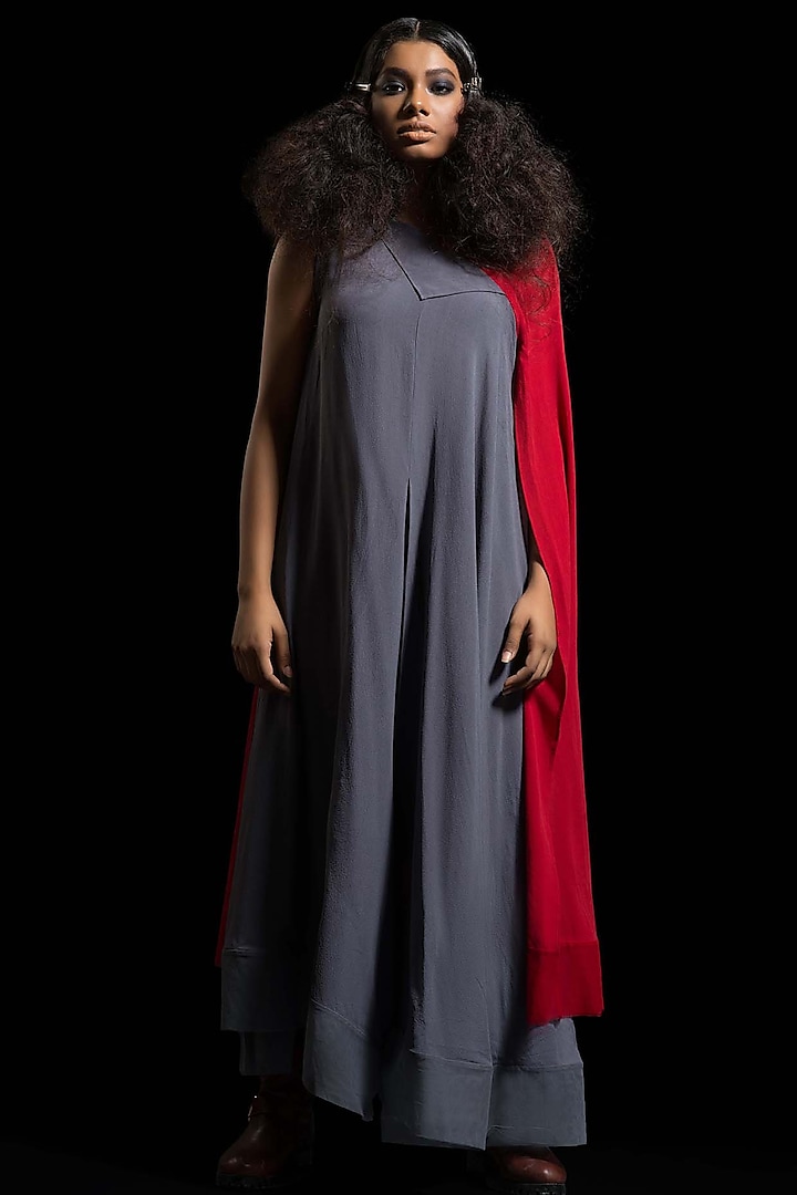 Grey & Red Color Blocked Kurta Dress by Megha Garg