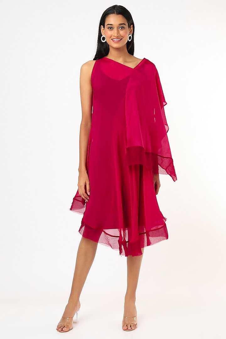 Pink Crepe & Chiffon Draped Dress by Megha Garg