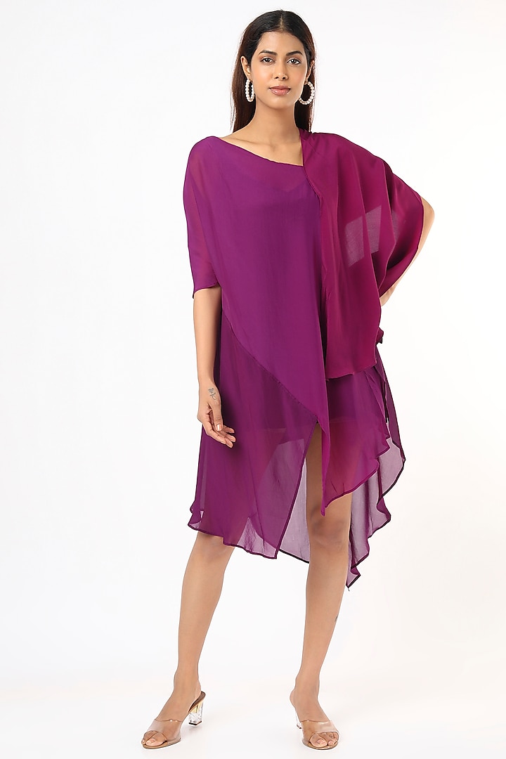 Purple Crepe & Chiffon Draped Dress by Megha Garg