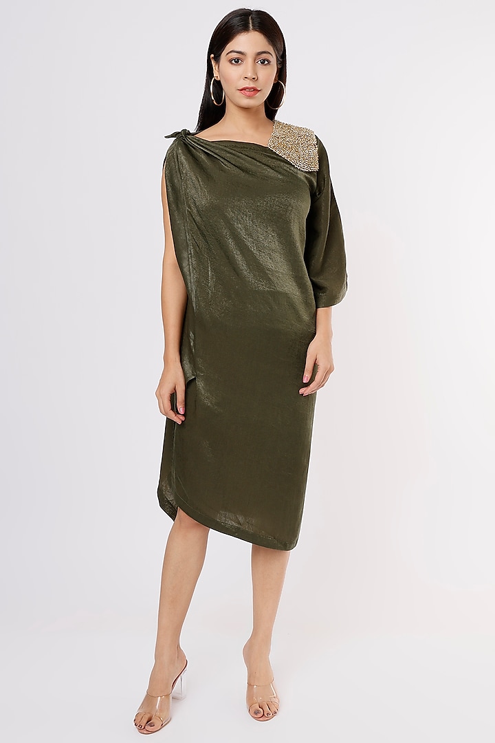 Olive Green Satin Dress by Megha Garg