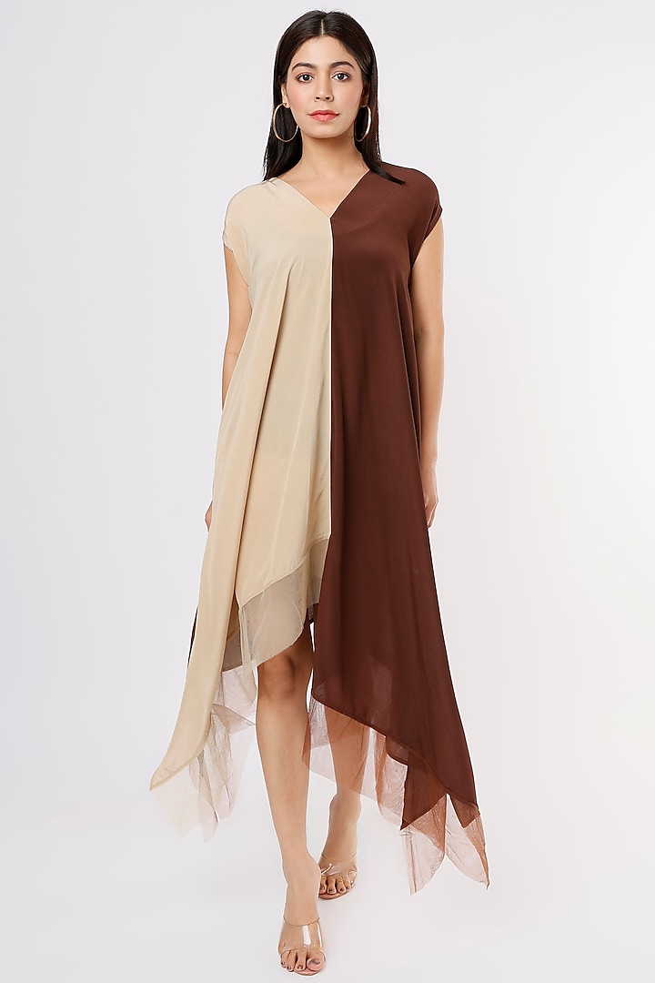 Beige & Brown Crepe Midi Dress by Megha Garg