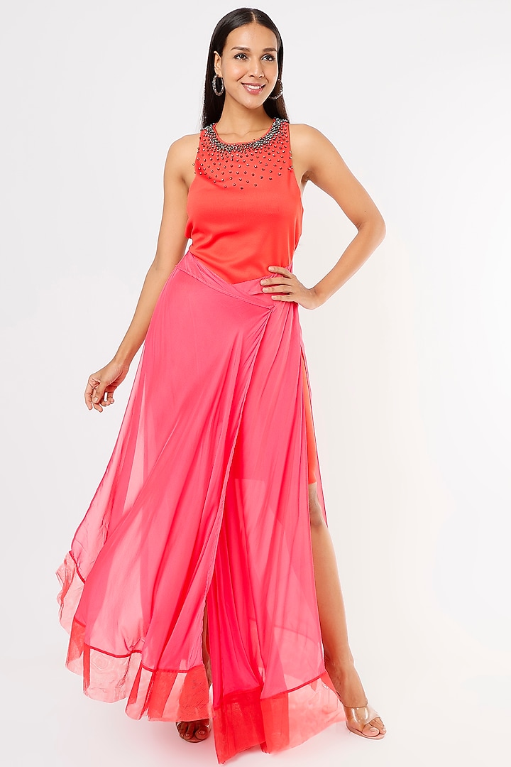 Pink Embroidered Draped Gown by Megha Garg