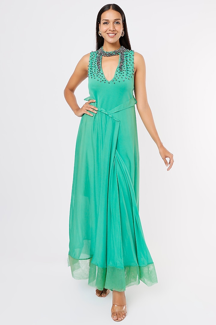 Turquoise Embellished Gown by Megha Garg