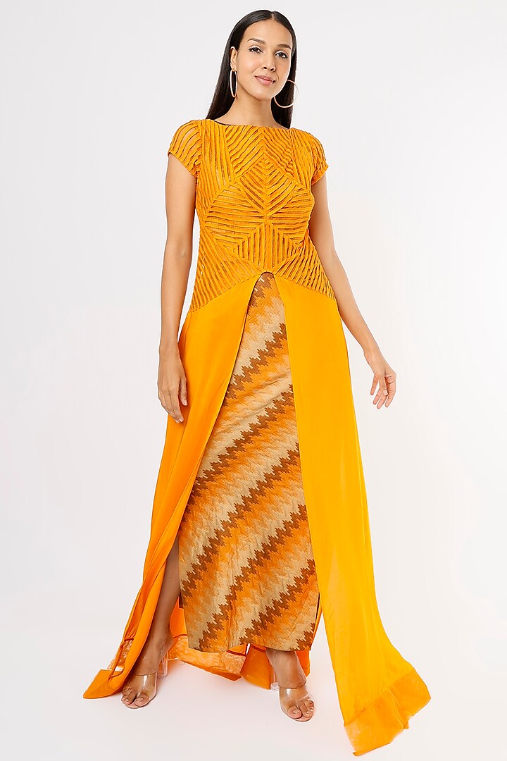 Orange Chiffon Embroidered Gown by Megha Garg