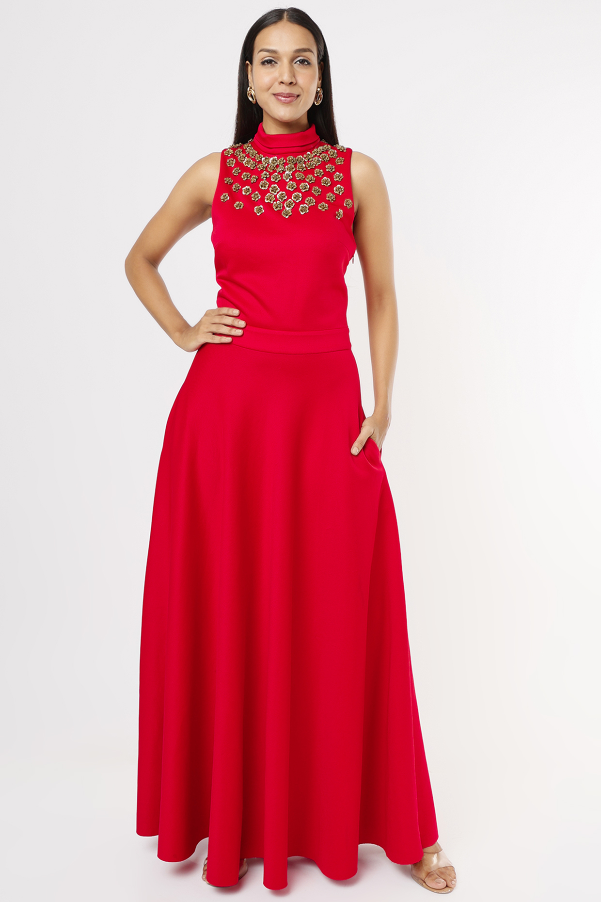 Red Lycra Embroidered Gown by Megha Garg at Pernia's Pop Up Shop
