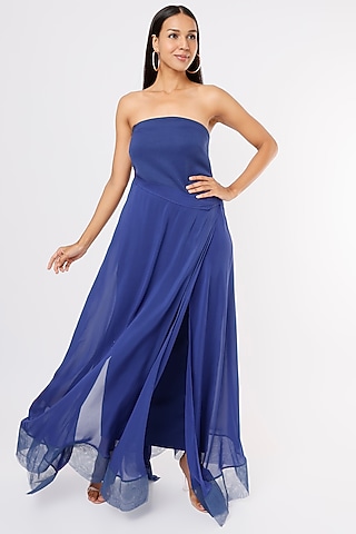 Blue Lycra Off-Shoulder Dress by Megha Garg
