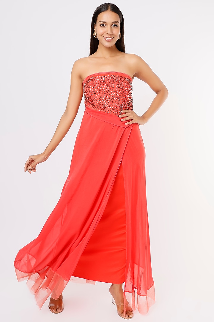 Coral Off-Shoulder Embroidered Gown by Megha Garg at Pernia's Pop Up Shop