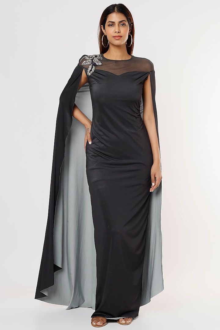 Black & Grey Draped Gown by Megha Garg