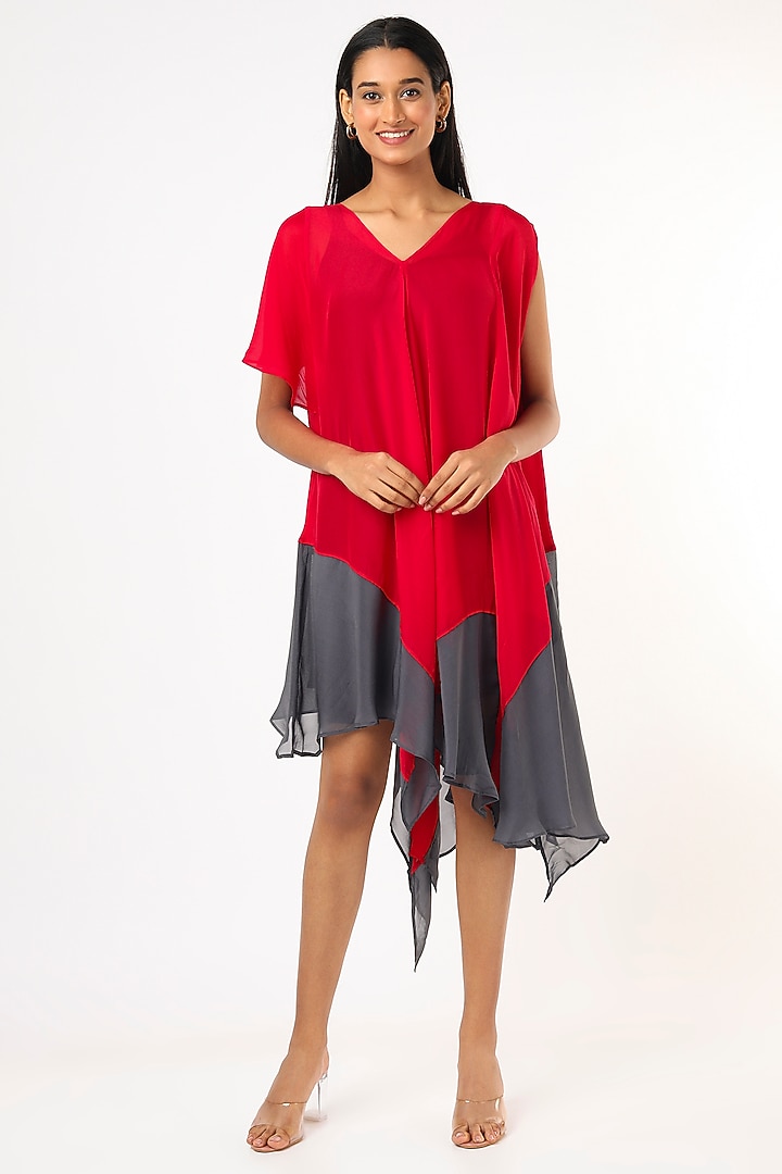 Red & Grey Pure Crepe Draped Summer Dress by Megha Garg at Pernia's Pop Up Shop