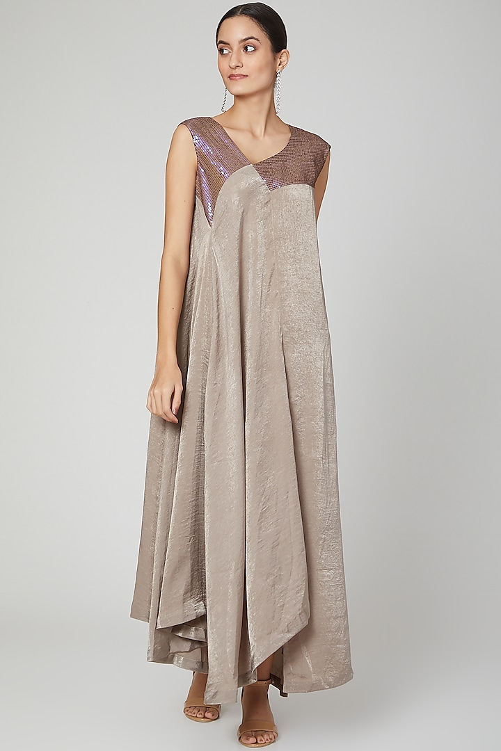 Grey Embroidered Asymmetric Kurta Dress by Megha Garg
