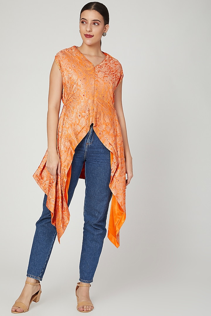 Orange Asymmetric Brocade Top by Megha Garg