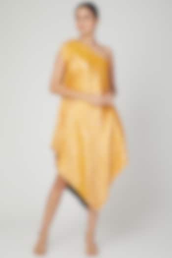 Yellow Asymmetric Brocade Dress by Megha Garg