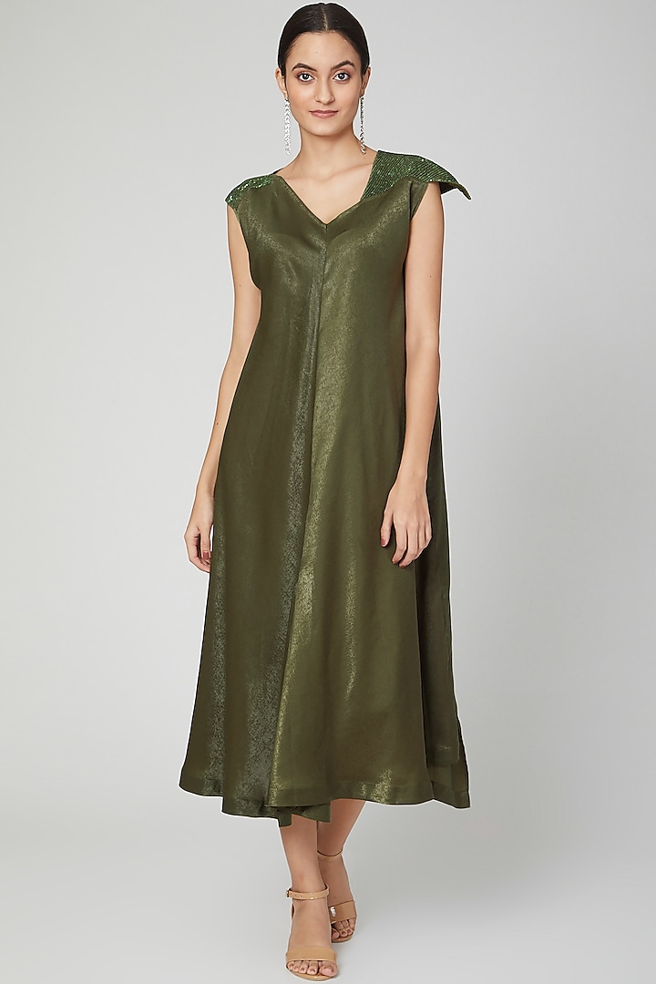 Olive Green Embroidered Quilted Dress by Megha Garg