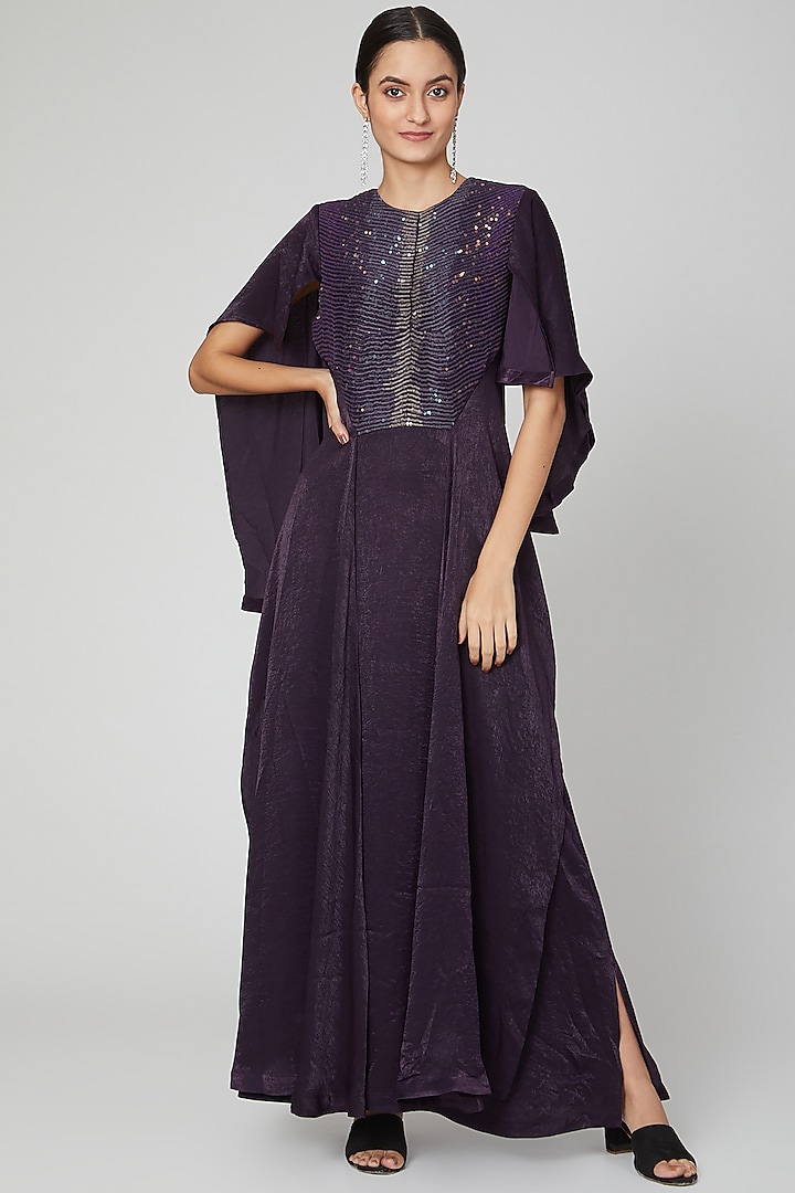 Purple Embroidered Asymmetric Dress by Megha Garg